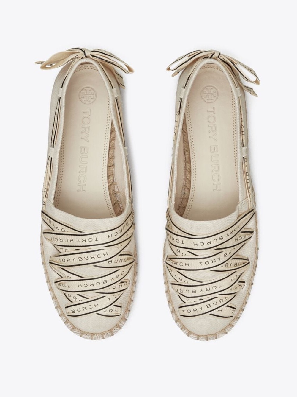 Tory Burch Ribbon Okona 600 Better Canvas New Cream Perfect Black 10 New Box